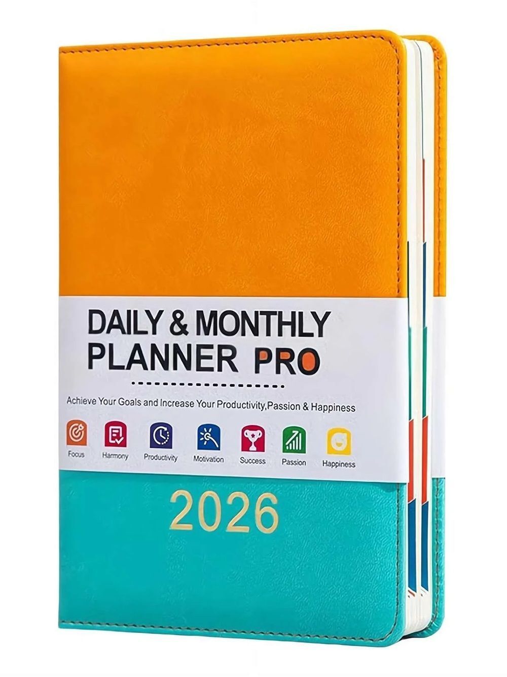 Plannity 2026 Daily & Monthly Pro Planner - Yellow and Teal Faux Leather Binder